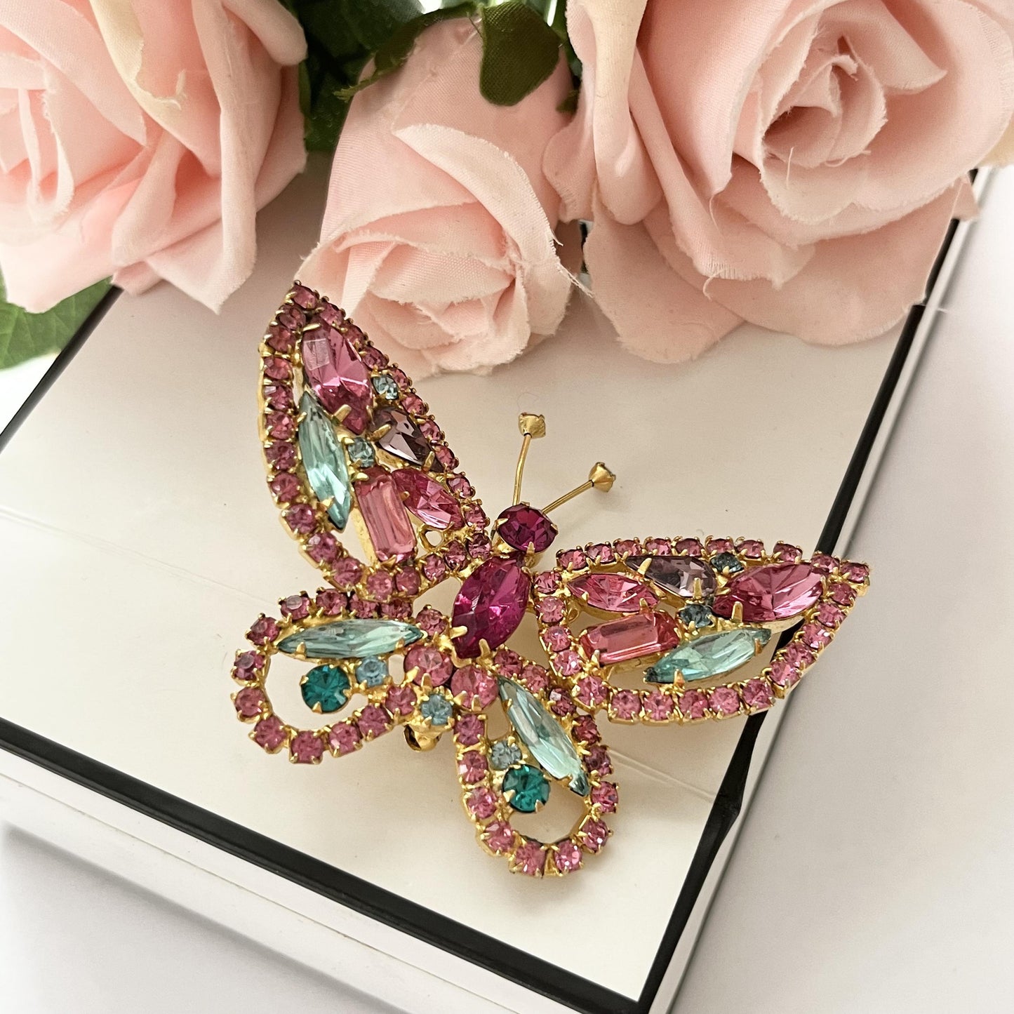 1950s Pink Blue and Lilac Austrian Crystal Sparkly Butterfly Brooch