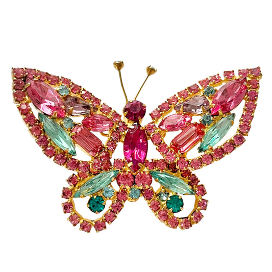 1950s Pink Blue and Lilac Austrian Crystal Sparkly Butterfly Brooch