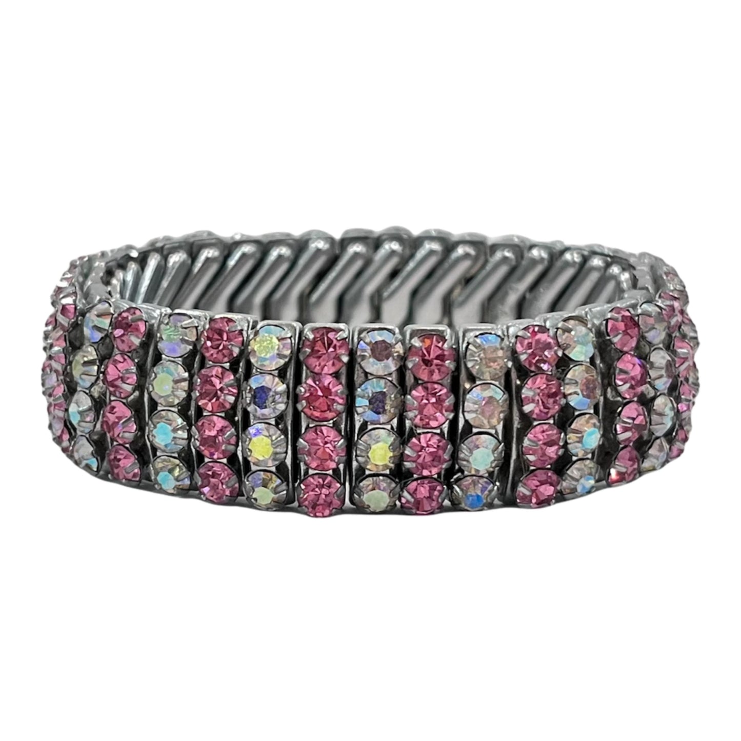 1950s Aurora Borealis and Pink Diamanté Sparkly Expandable Cuff Bracelet