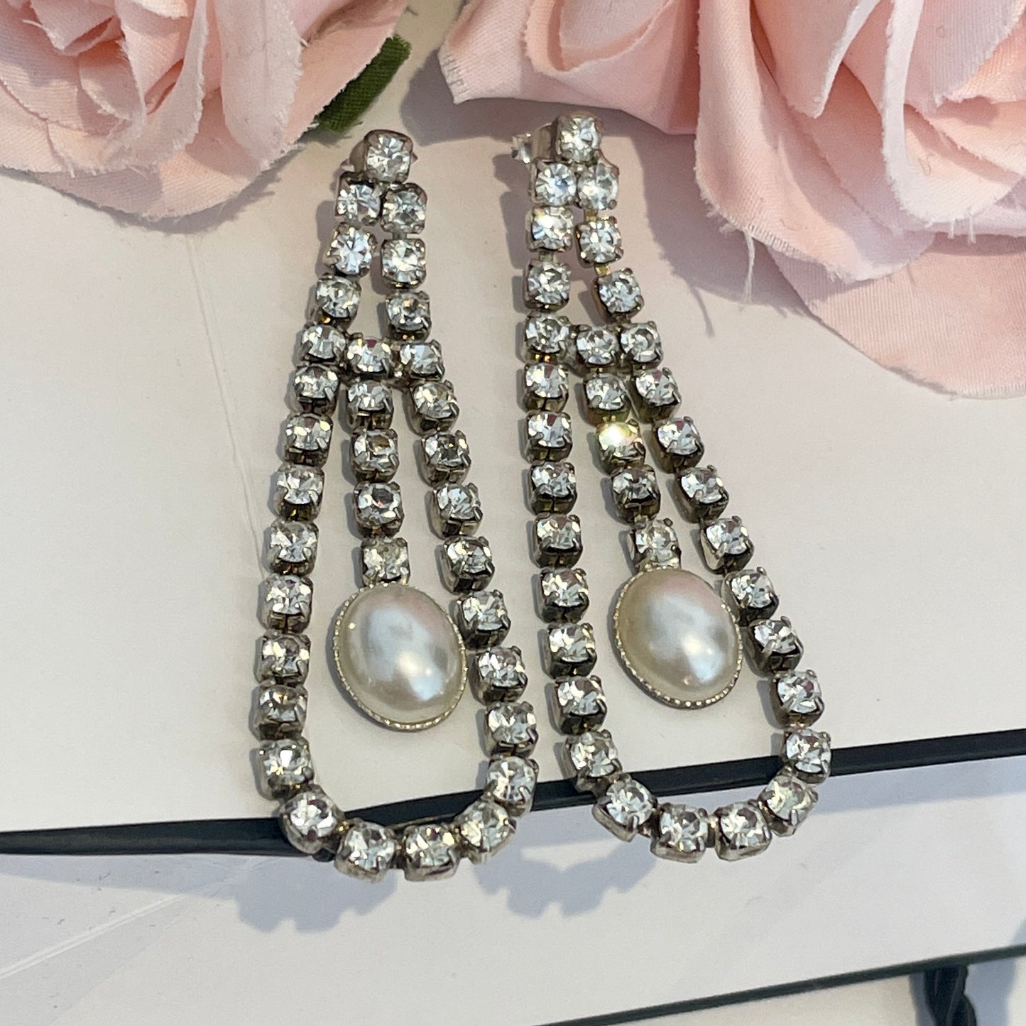 1980s Faux Pearl Diamanté Sparkly Drop Earrings