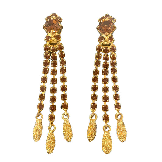 1950s Sparkly Gold Plated Citrine Diamanté Dangly Clip On Earrings