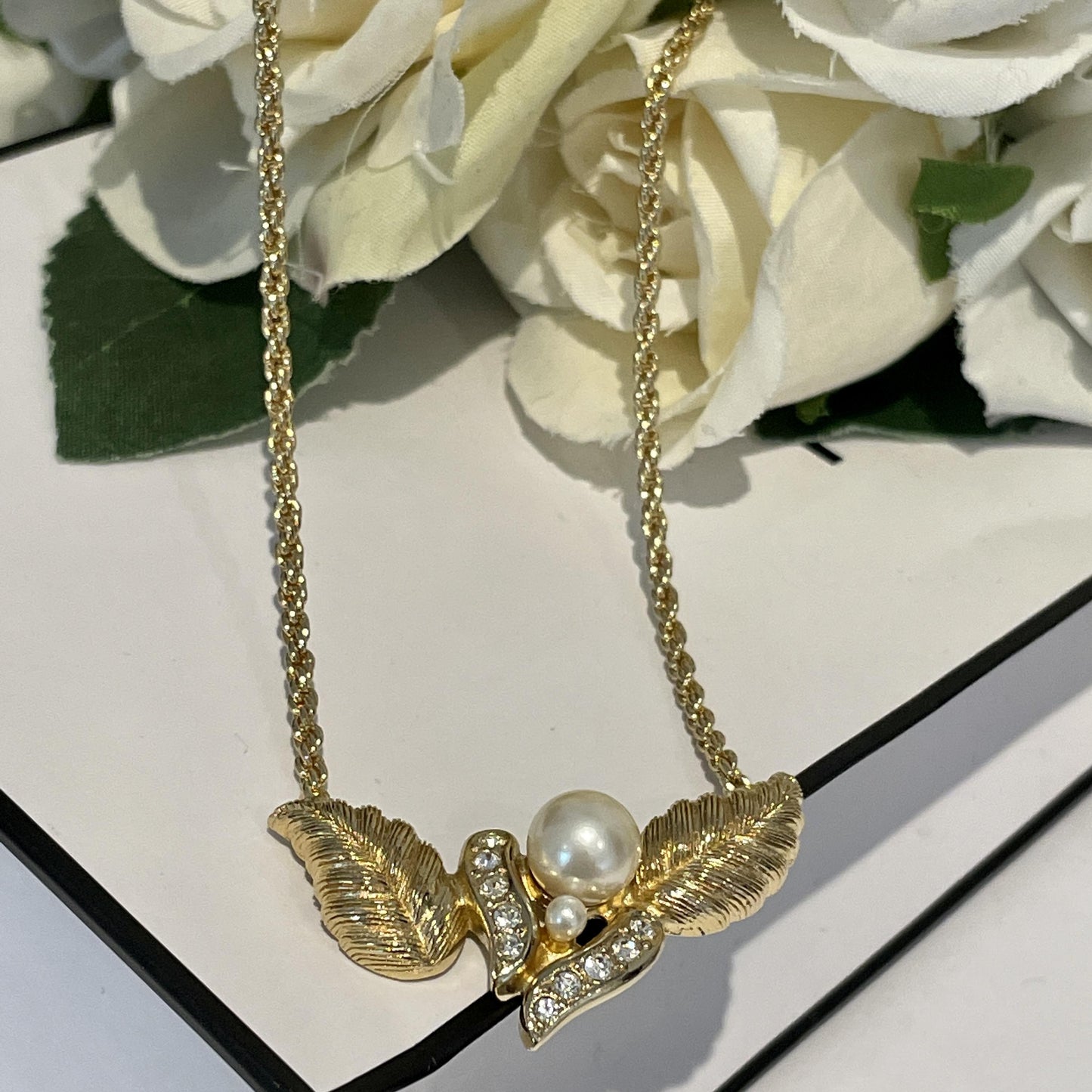 1980s Dior Faux Pearl Diamanté Gold Plated Leaf Pendant Necklace