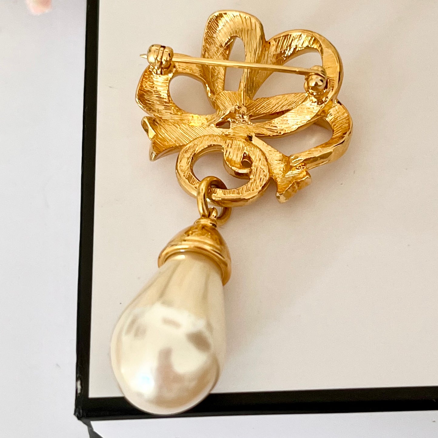 1980s Gold Plated Dangly Faux Pearl Brooch