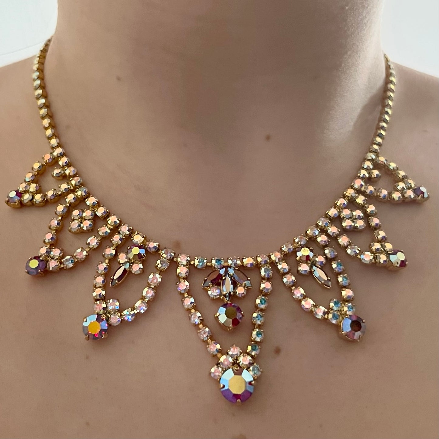 1950s Aurora Borealis Gold Plated Statement Necklace