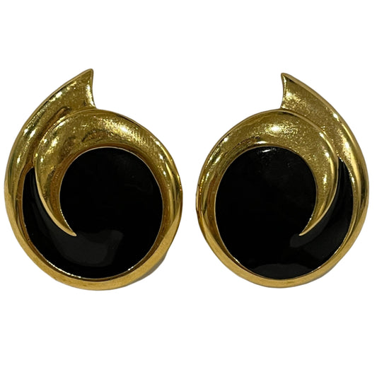 1980s Monet Black Enamel Gold Plated Pierced Statement Earrings