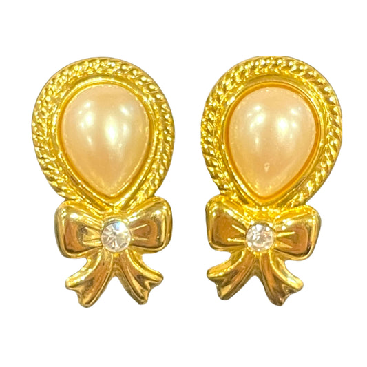 Cute 1980s Gold Plated and Faux Pearl Clip On Bow Earrings