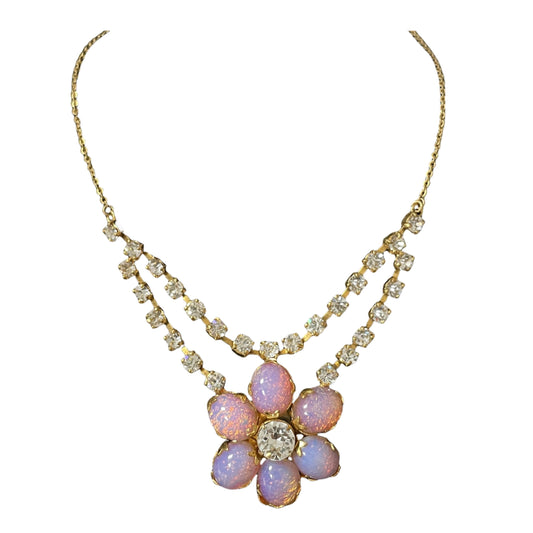1920s Pretty Pink Fire Opal Glass Flower Necklace