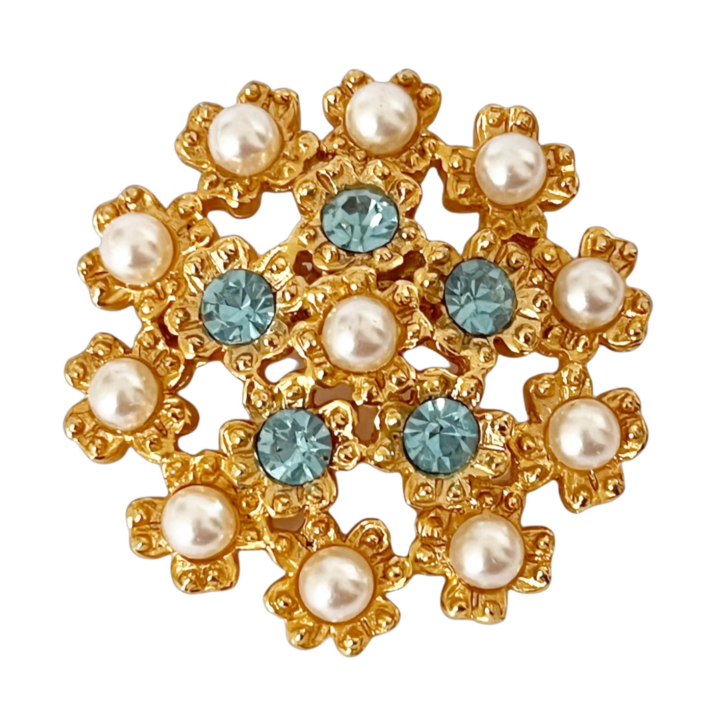 1960s Baby Blue Diamanté Faux Pearl Gold Plated Brooch