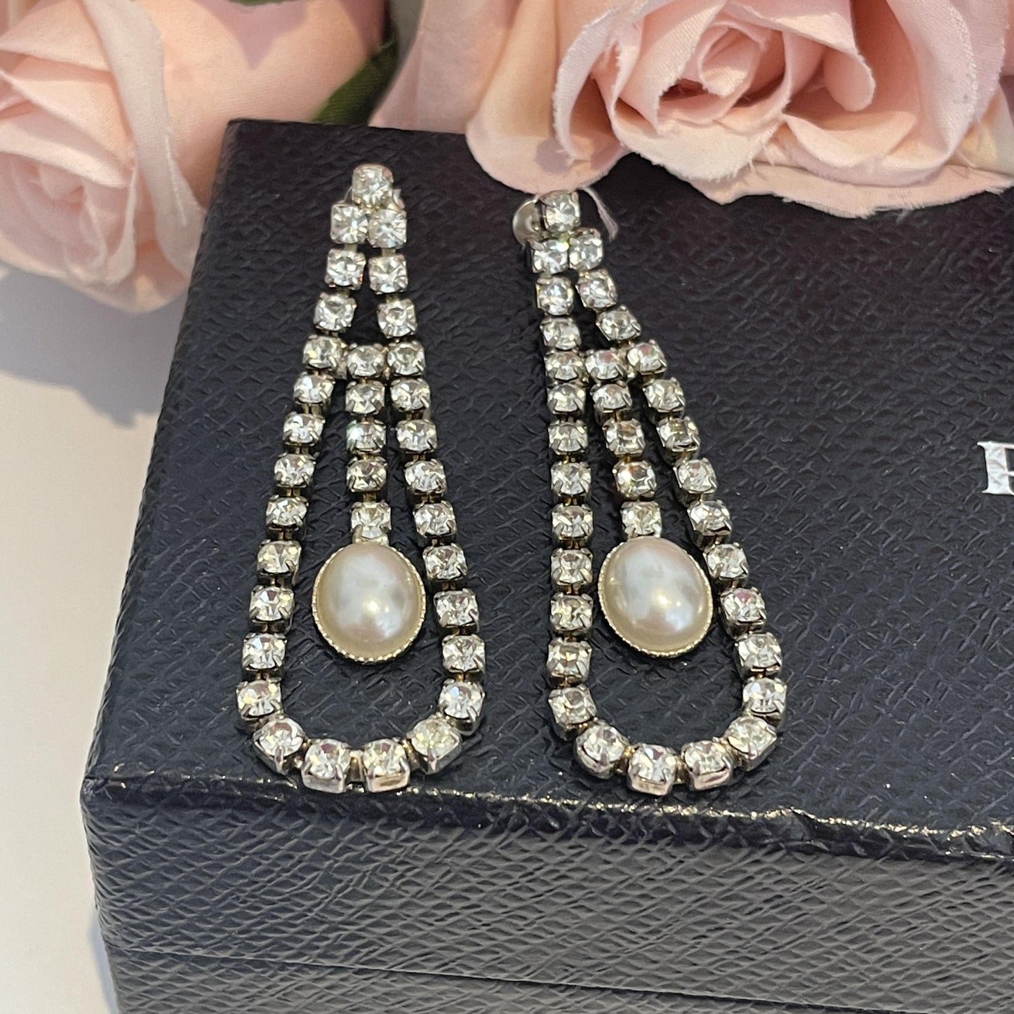 1980s Faux Pearl Diamanté Sparkly Drop Earrings