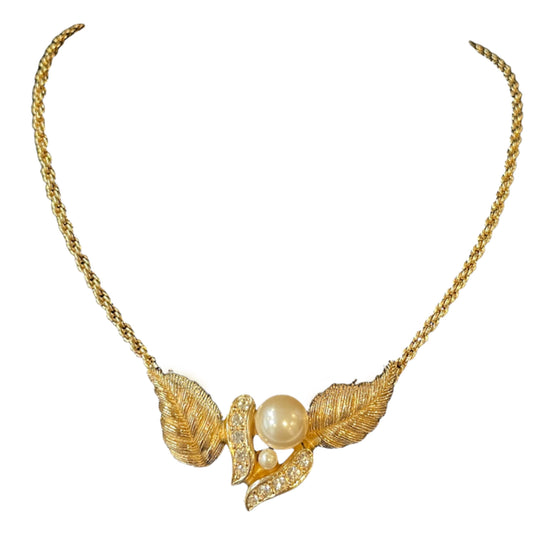 1980s Dior Faux Pearl Diamanté Gold Plated Leaf Pendant Necklace