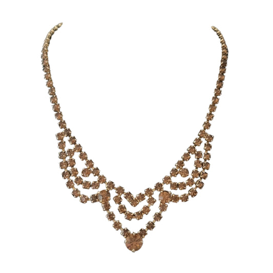 1940s Brown Amber Diamanté Gold Plated Sparkly Necklace