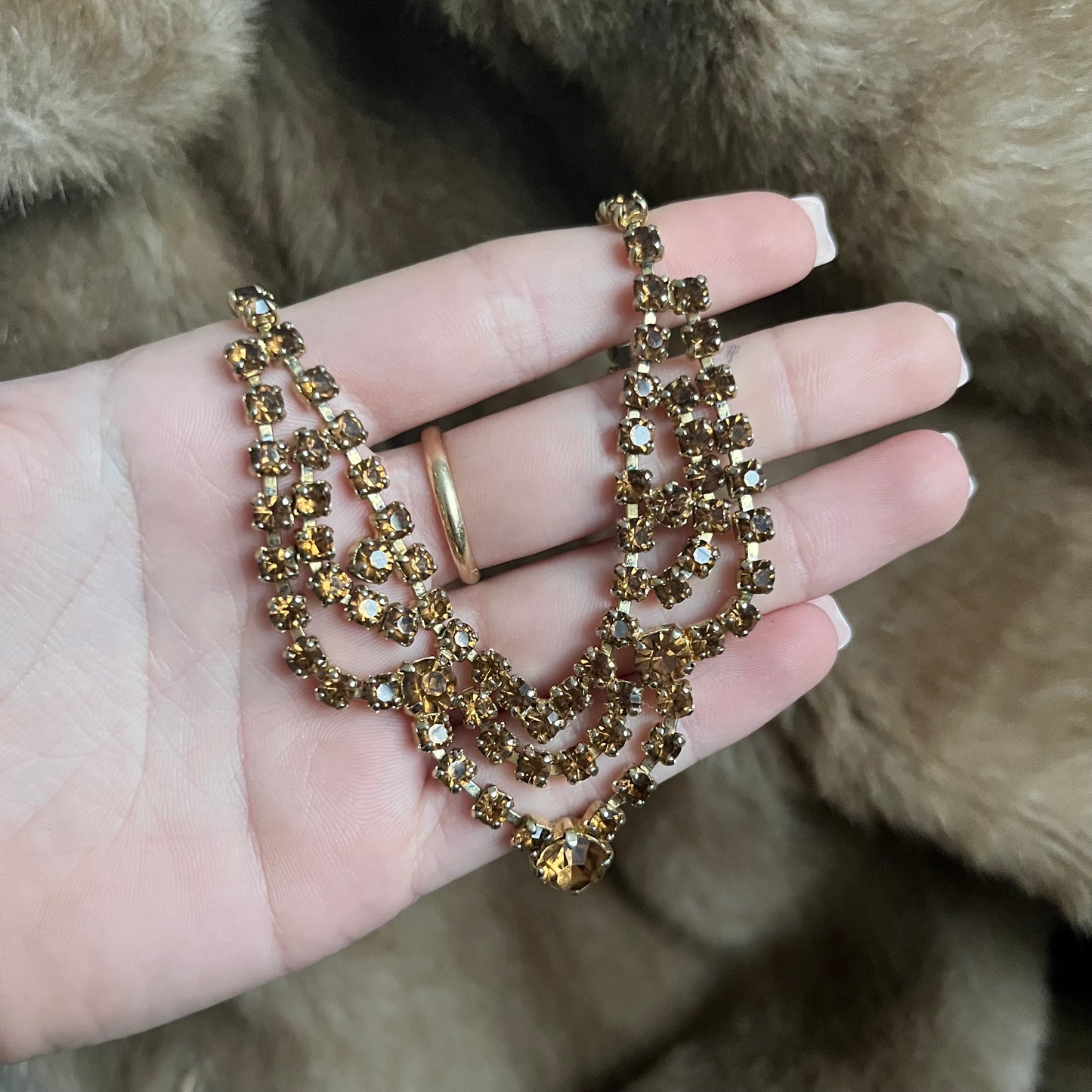 1940s Brown Amber Diamanté Gold Plated Sparkly Necklace