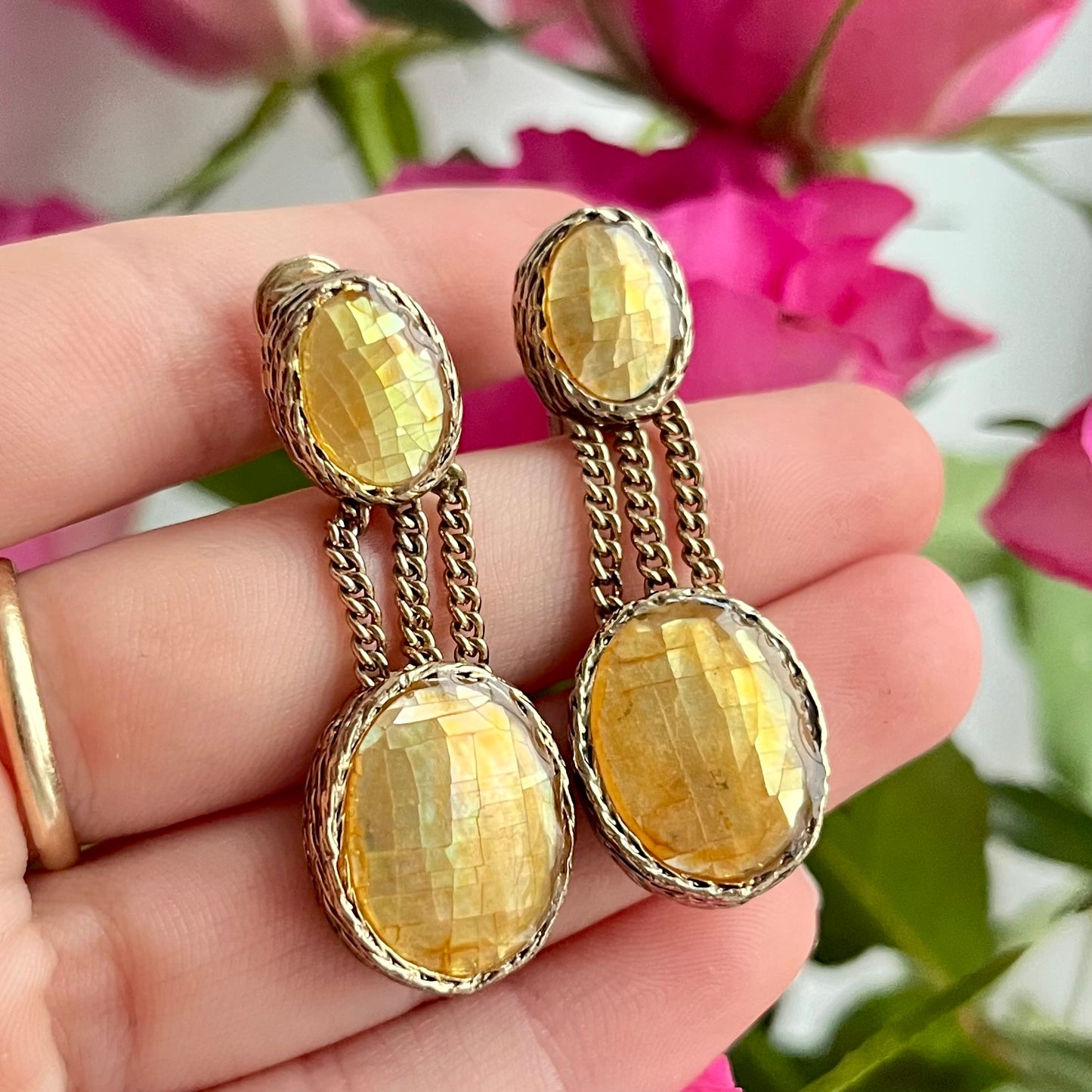 1960s Monet Golden Amber Enamel Gold Plated Dangly Chain Clip On Earrings