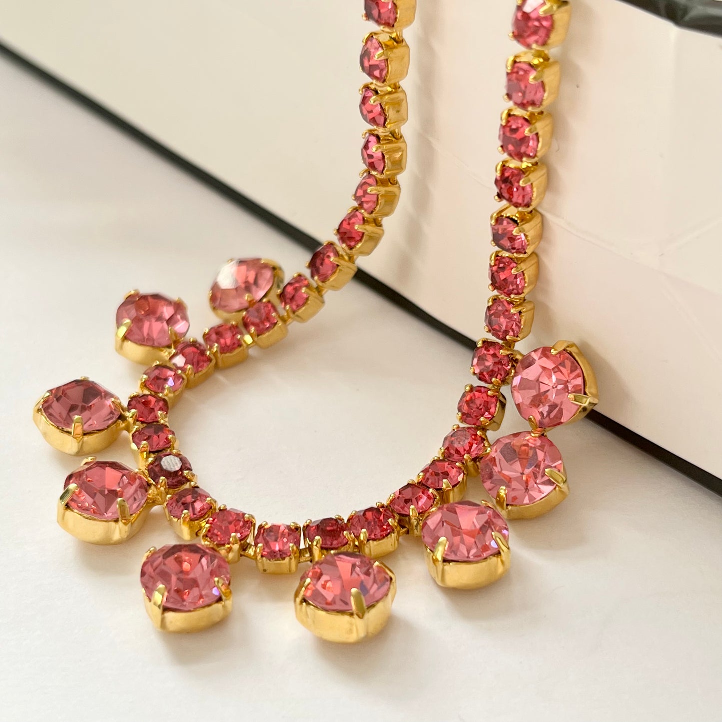 1950s Princess Pink Diamanté Gold Plated Sparkly Necklace