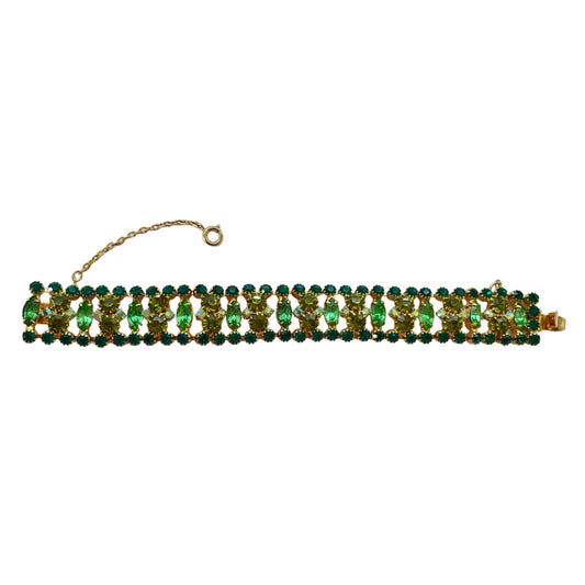 1970s Green Diamanté Aurora Borealis Sparkly Statement Gold Plated Bracelet