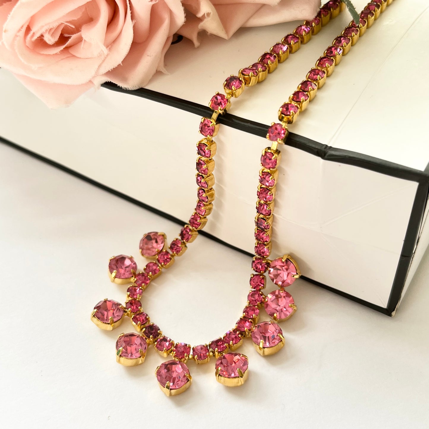 1950s Princess Pink Diamanté Gold Plated Sparkly Necklace