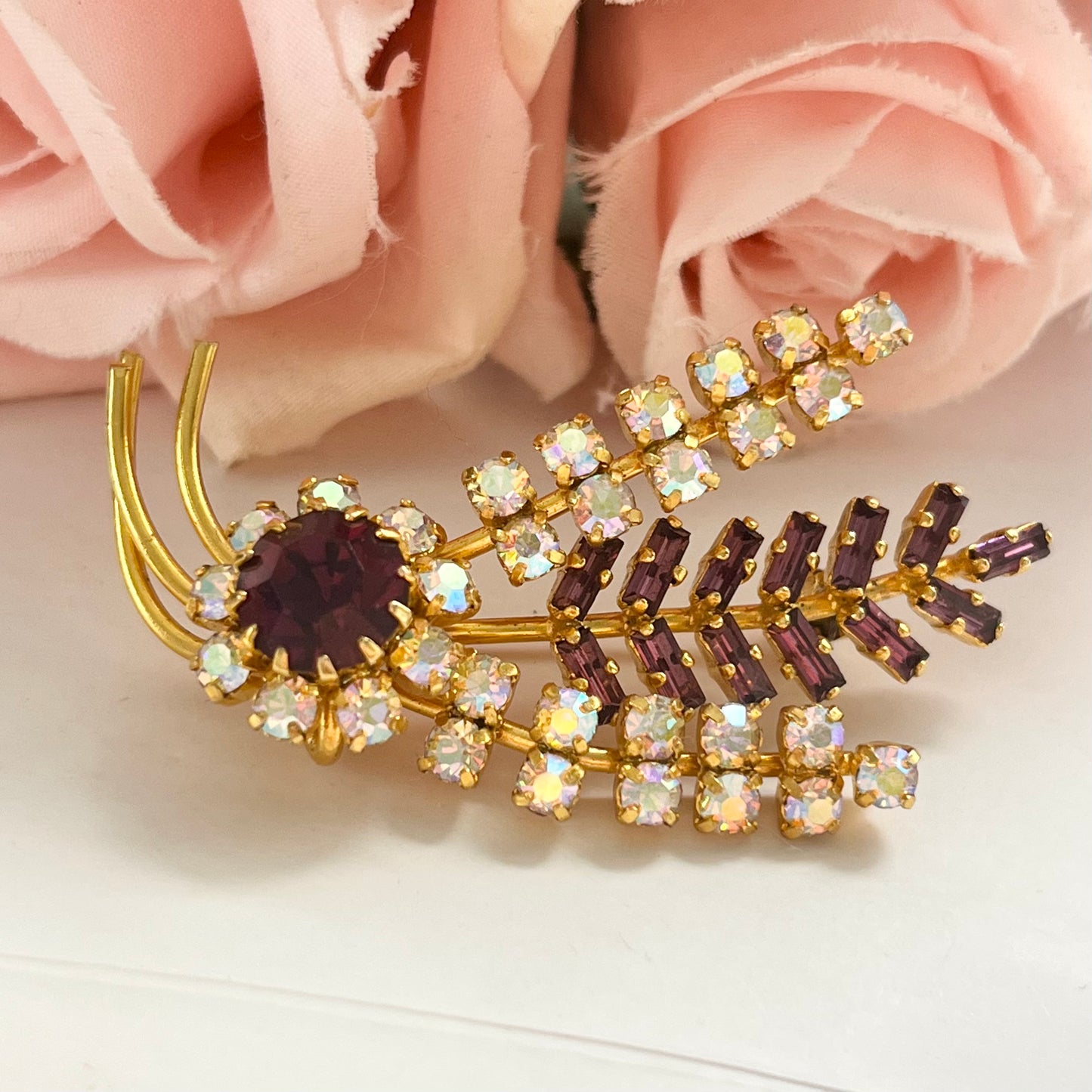 1940s Aurora Borealis Purple Diamanté Gold Plated Floral Spray Brooch