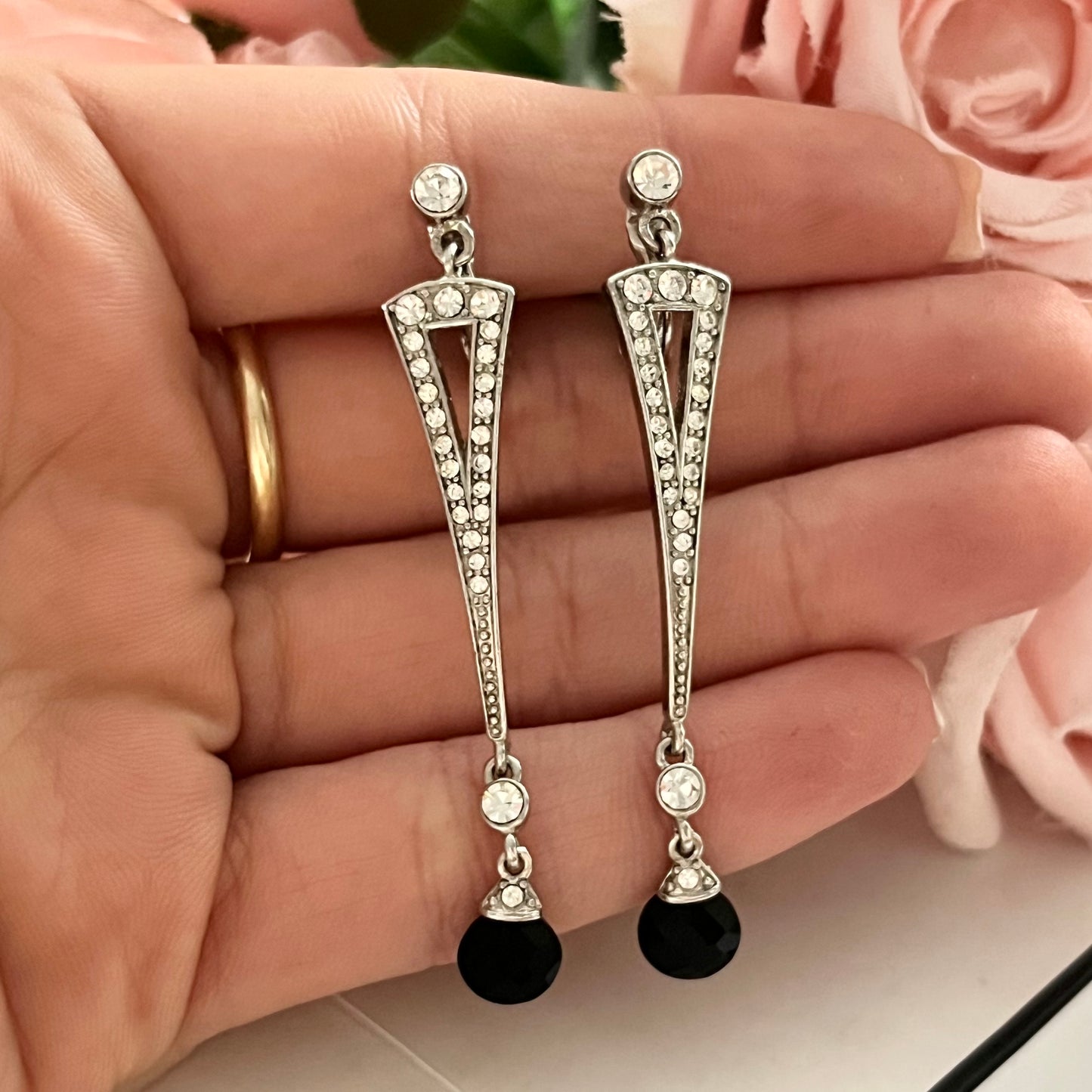 1980s Monet Silver Tone Black Diamanté Art Deco Style Dangly Earrings