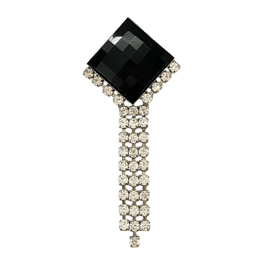 1980s Monochrome Black and Silver Sparkly Diamanté Dangly Brooch