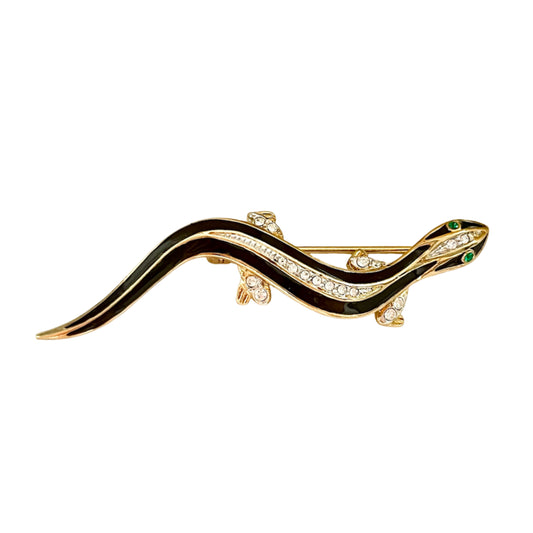 1980s Attwood & Sawyer Black Enamel Gold Plated Diamanté Lizard Brooch