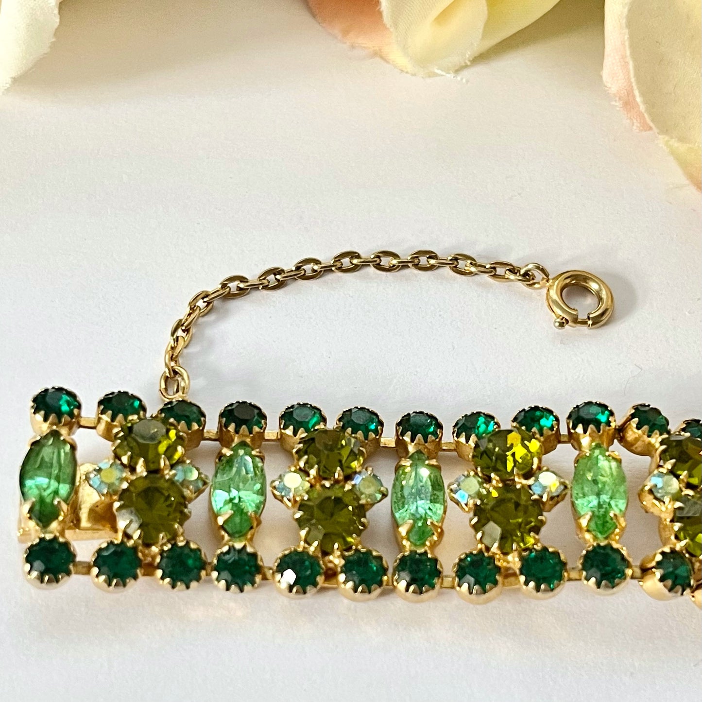 1970s Green Diamanté Aurora Borealis Sparkly Statement Gold Plated Bracelet