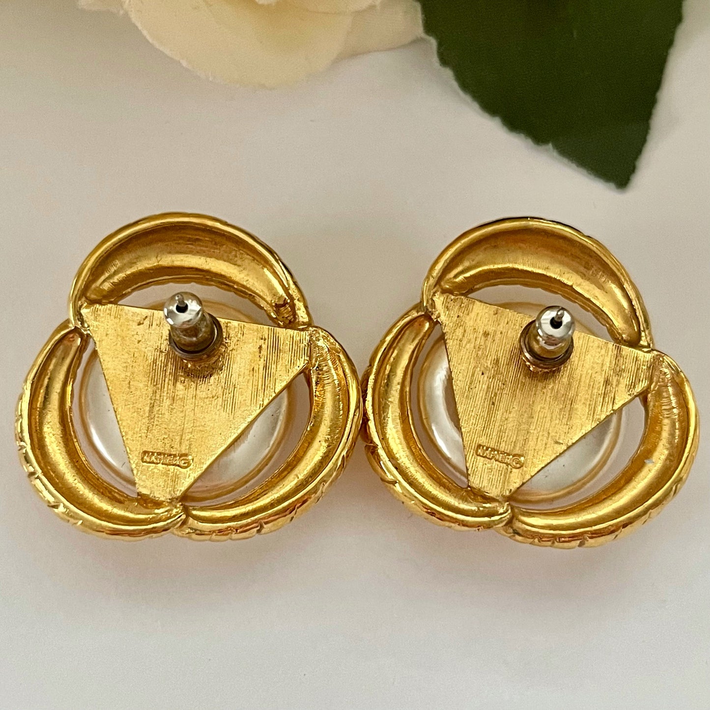 1980s Napier Faux Pearl Gold Plated Pierced Statement Earrings