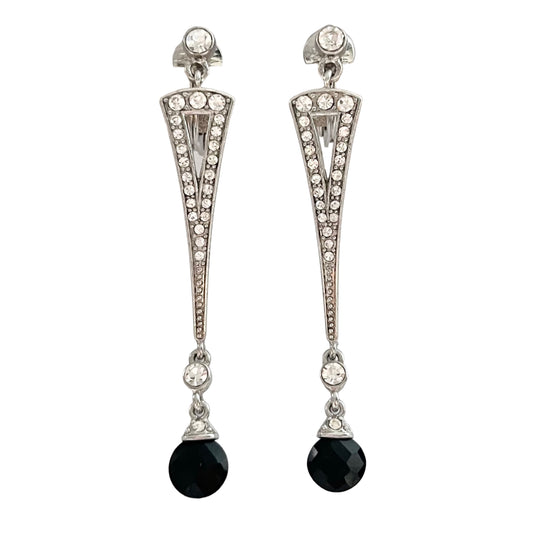 1980s Monet Silver Tone Black Diamanté Art Deco Style Dangly Earrings