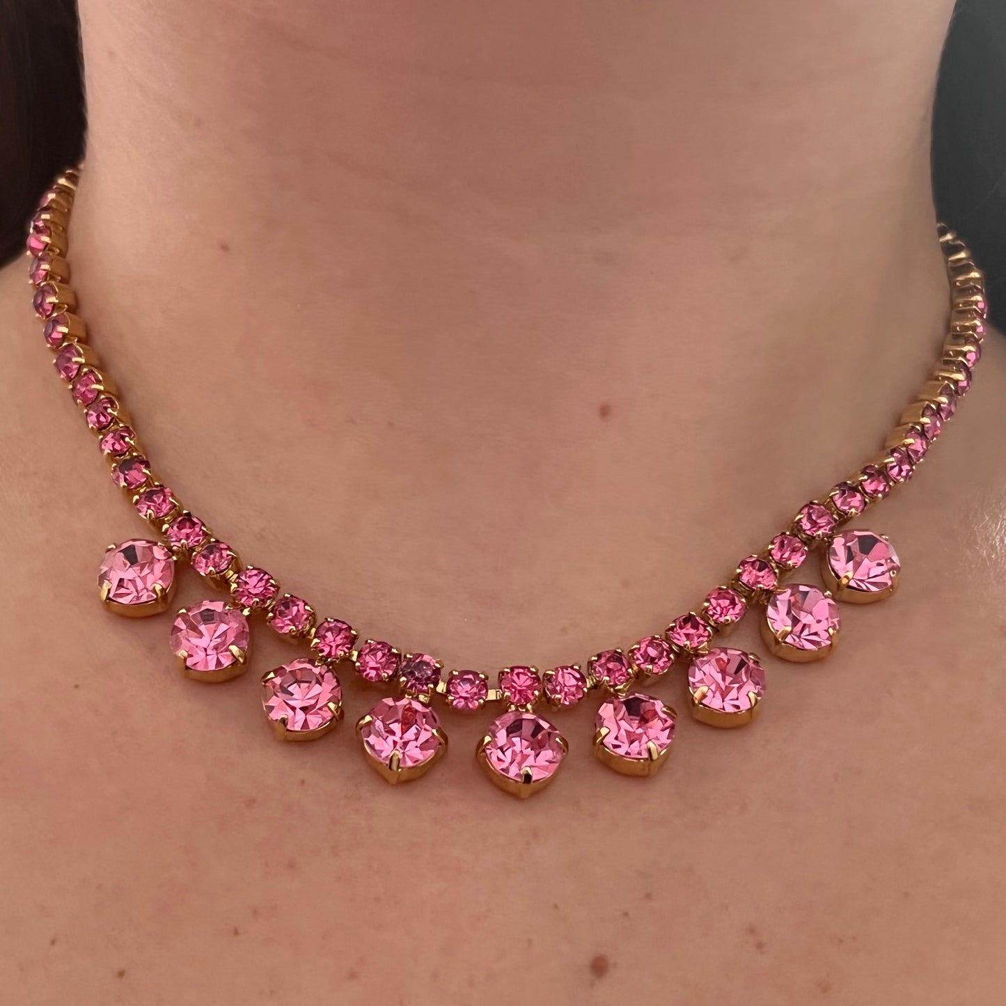 1950s Princess Pink Diamanté Gold Plated Sparkly Necklace