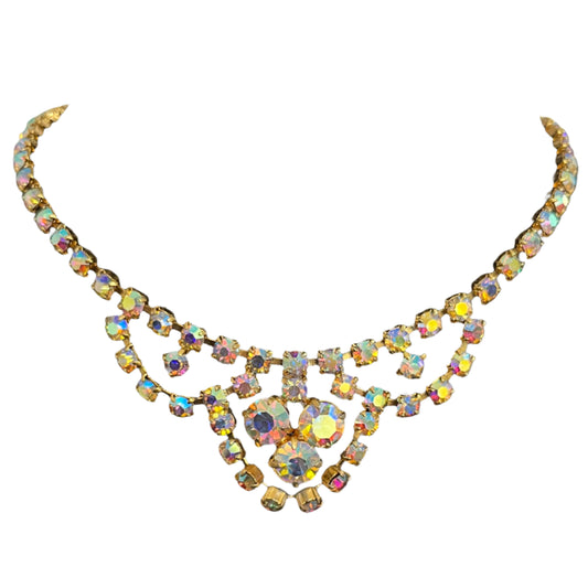 1950s Aurora Borealis Gold Plated Statement Necklace