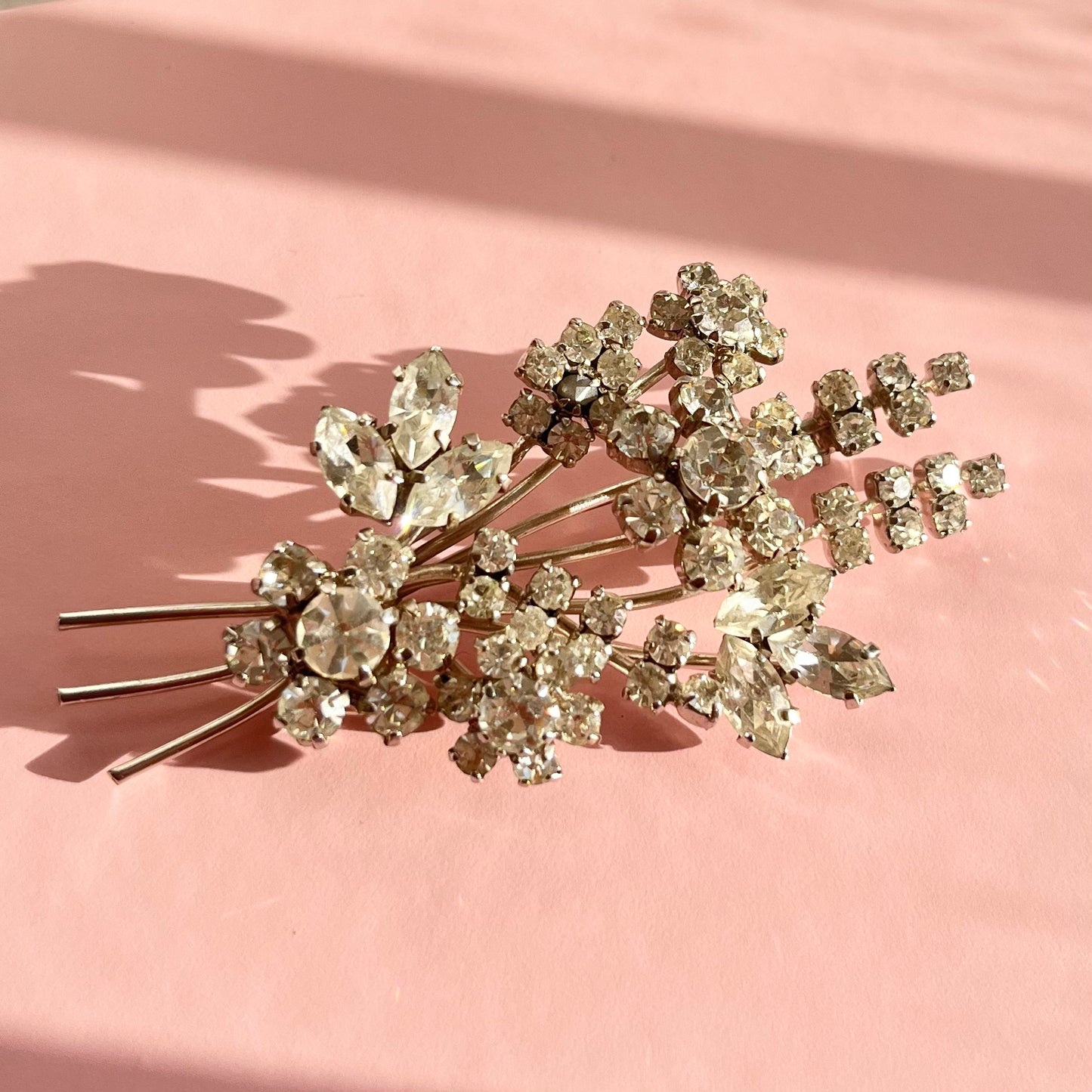 1940s Silver Tone Sparkly Diamanté Floral Spray Brooch