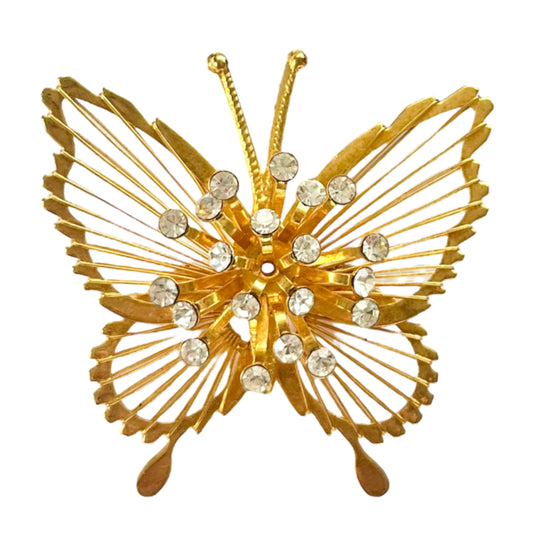 1980s Monet Gold Plated Sparkly Diamanté Butterfly Brooch
