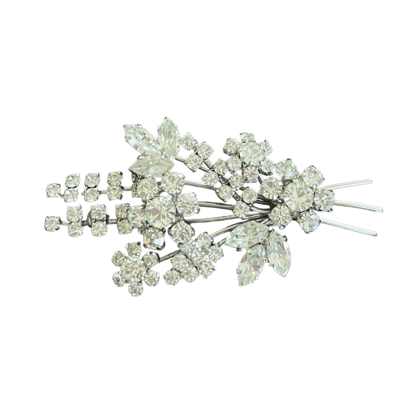 1940s Silver Tone Sparkly Diamanté Floral Spray Brooch