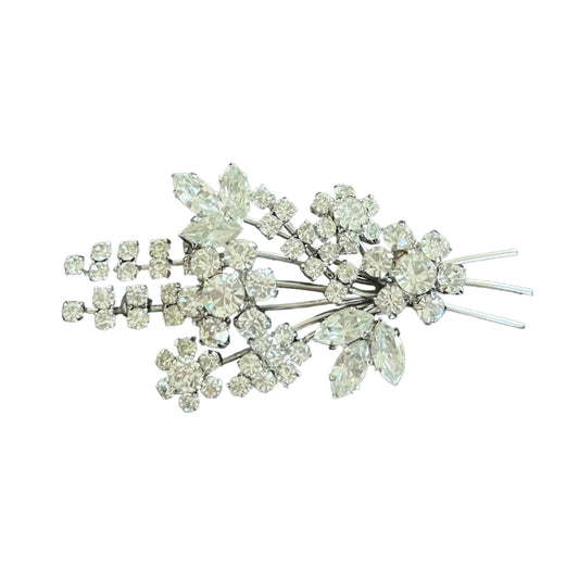 1940s Silver Tone Sparkly Diamanté Floral Spray Brooch