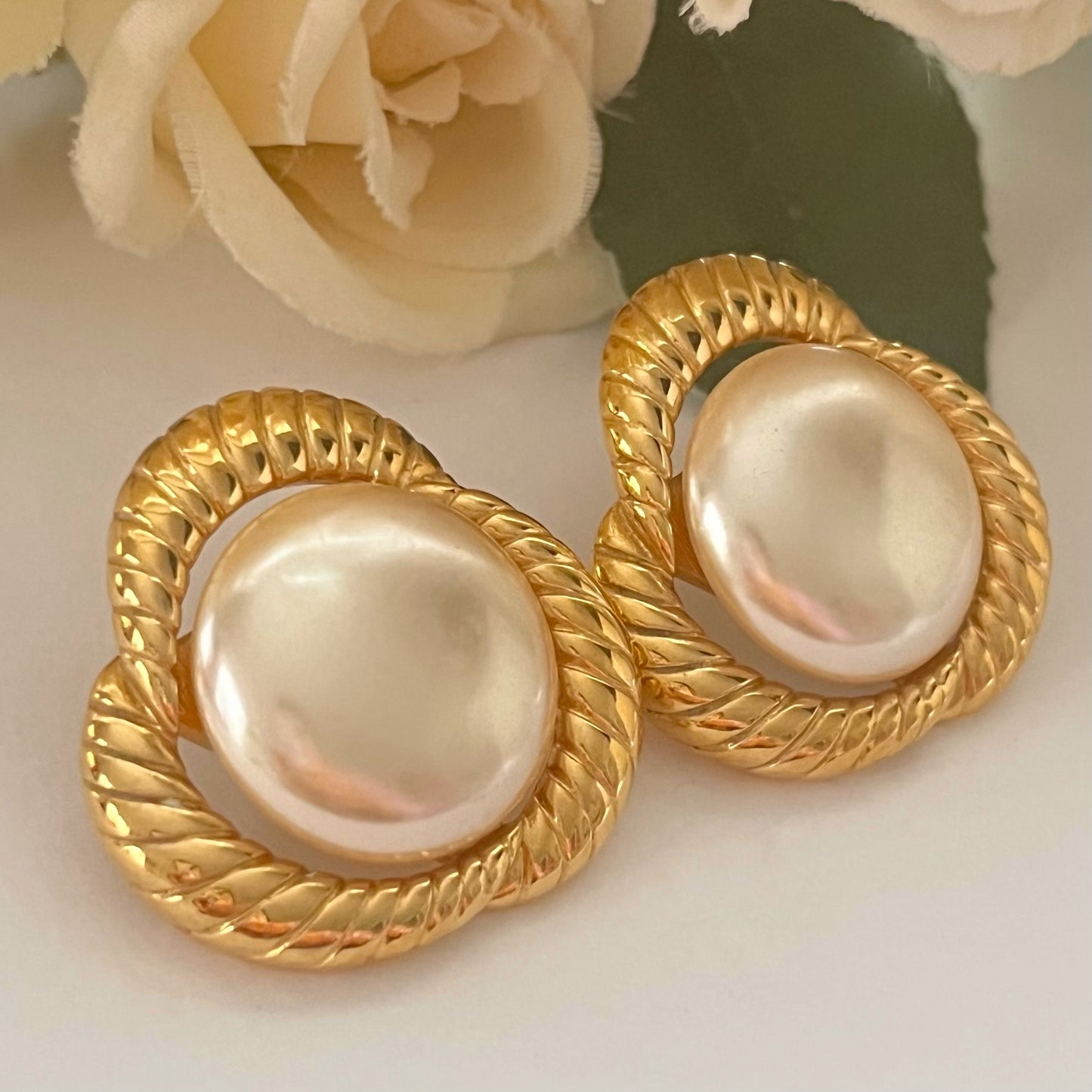1980s Napier Faux Pearl Gold Plated Pierced Statement Earrings